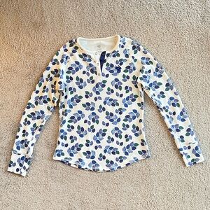 Rabbit Active Thermal Waffle Knit Long Sleeve Top Size XS White Blue Green Leaf